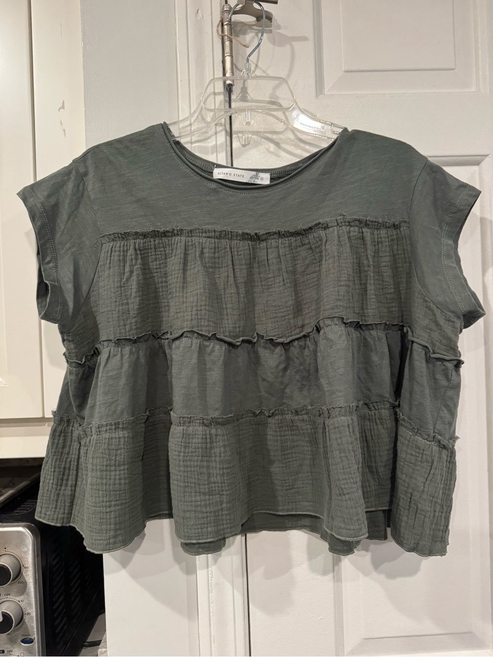Altard State Olive Ruffled Tiered Short Sleeve Top - Sz S like New